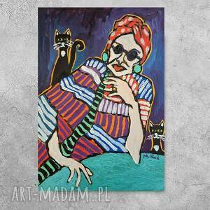 obraz olejny tam gdzie czuwają koty, obrazy olejne, babcia z pieskiem dla babci