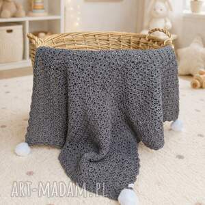 Kocyk dziecięcy Coco wełna merino z pomponami 63x70 handmade