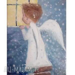aniołek, obraz olejny, ręcznie malowany prezent, chrzest