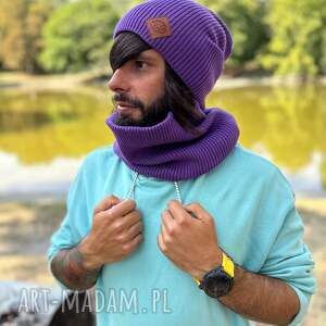 męska bawełniana czapka jesienna logo ekoskórka fiolet