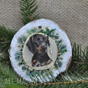 handmade dekoracje świąteczne bombka z plastra brzozy - pies