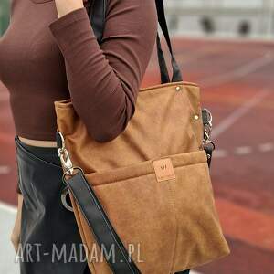duża torba z kieszeniami z brązowego nubuku - torba na ramię, duża