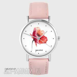 zegarki zegarek yenoo - mak skórzany, pudrowy róż, pasek kwiat