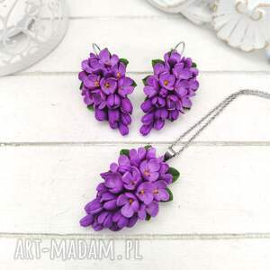 komplet z gałązką bzu, naszyjnik i kolczyki na zapięciu angielskim, ręcznie