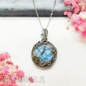 naszyjnik labradoryt niebieski stal chirurgiczna wisiorek handmade wirewrapping