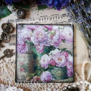 dekoracyjny obrazek decoupage z piwoniami, shabby chic, farmhouse, vintage