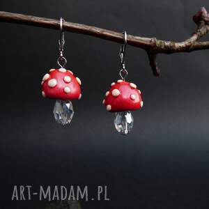 Kolczyki grzybki muchomorki z kryształową nóżką, amanita, grzyby