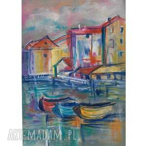 Szkic sucha pastel, łodzie, podróż, widoczek, przystań