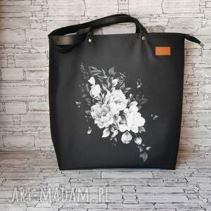 duża torebka shopper na ramię zamykana - białe kwiaty, polski produkt