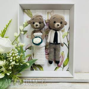 młoda para misie w białej ramce ręcznie robione prezent ślubny obraz, pamiątka