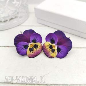 kolczyki wiszące z polimerowej gliny bratki, artystyczny, kwiatowa unikatowa