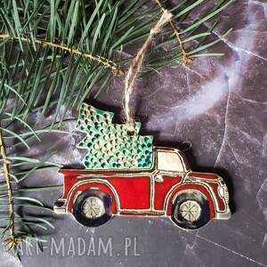 handmade dekoracje świąteczne czerwony pickup duża zawieszka ceramiczna
