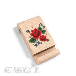 drewniany stojak pod telefon z grafiką róże, kwiaty, folk, prezent, oryginalny