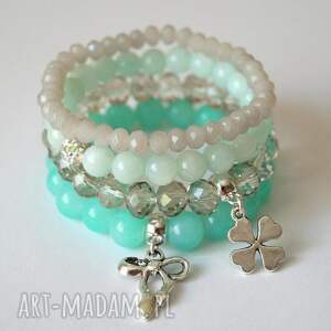 handmade set mint jade, beads&grey beads and swarovski stones, in silver