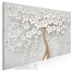 obraz na płótnie - drzewo biały złoty kwiaty - 120x80 cm (98401)