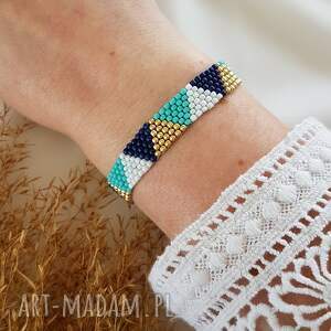 bransoletka trójkąty turkusowe, biżuteria tkana styl boho, nitka, płaska