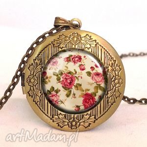 retro róże - sekretnik z łańcuszkiem, medalion, vintage