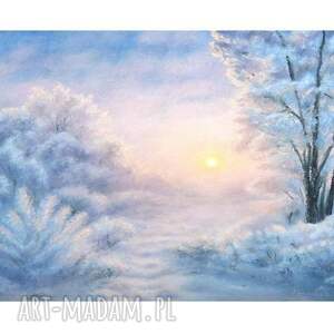 obraz ręcznie malowany zimowe słońce - format A3, pejzaż zima, krajobraz zimowy