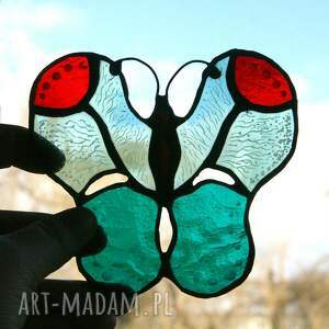 witrazowy motyl turkusek grawerowany, dekoracja okno, zawieszka, wiosna