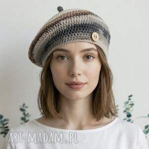 wiosenny beret damski z antenką ręcznie robiony bawełna one size