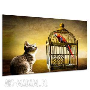 Obraz na płótnie kot i papuga w klatce 120x80 cm