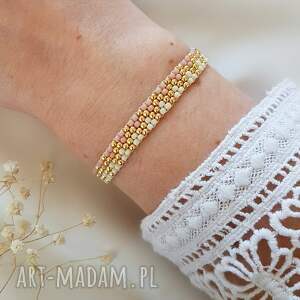 Bransoletka różowo - kremowa biżuteria handmade, płaska, koraliki toho, styl boho, regulowana, we