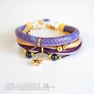 bransoletka - gwiazdka fioletowa, złota, rzemienie, wężowa, elegancka