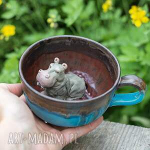 handmade ceramika ceramiczna filiżanka z figurką hipopotama - turkus brownie ok 280 ml