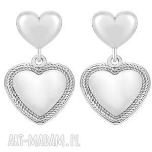 srebrne kolczyki podwójne serca, sercami, serduszkami, ozdobne