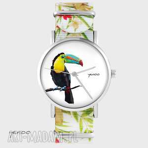 handmade zegarki zegarek - tukan - kwiaty, nato, biały