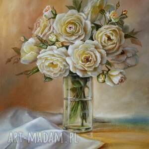 róże w wazonie, ręcznie malowany obraz olejny, l olbrycht, kwiaty sztuka