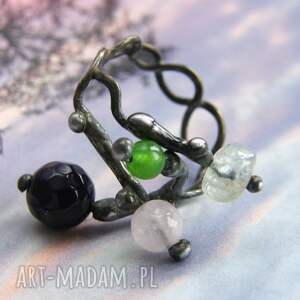 regulowany pierścionek z małymi kamykami, akwamaryn i fioletowy agat, elficki