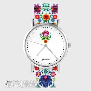 ręcznie zrobione zegarki zegarek - folkowy kwiat - folk biały, nato