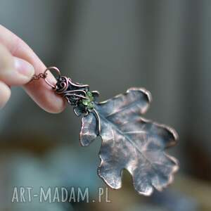 liść dębu - naszyjnik z miedzi peridotem, prezent naturalny