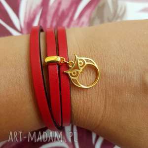 handmade bransoletka skóra magnetoos triple owl red & gold