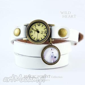 handmade bransoletka, zegarek - biały koń - biały, skórzany