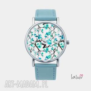 zegarek z grafiką lazur, kwiaty, drzewo japoniski, kwitnąca, wiśnia