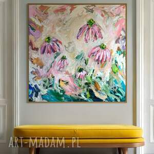 abstrakcja 80x80 cm, obraz kwiatowy nowoczesne kwiaty do salonu, kolorowe