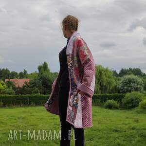płaszcz patchworkowy w stylu boho, długi z kieszeniami, kimonowy - waciak, folk