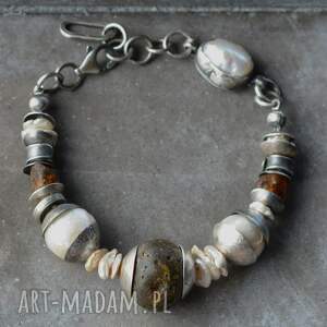 srebrna bransoletka z surowym bursztynem i perłami barokowymi