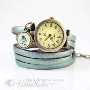 handmade bransoletka, zegarek - kolorowy ptaszek metalik, turkus