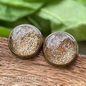 okrągłe sztyfty ze złocistym brokatem c202 - 17, złociste kolczyki, brokatowe