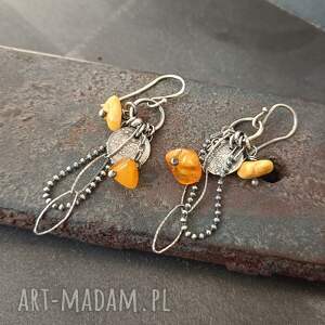 Bursztyn. Wiszące srebrne kolczyki - srebro oksydowane