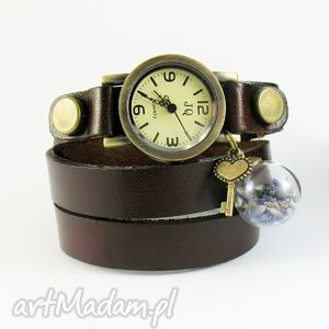 bransoletka, zegarek - lawenda brązowy, skórzany, prezent