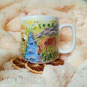 pejzaż z koniem bocianem źródłem słonecznym ręcznie malowane, malowana porcelana