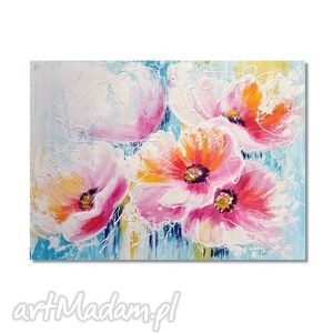 pastelowe kwiaty, nowoczesny obraz do salonu ręcznie malowany na płótnie