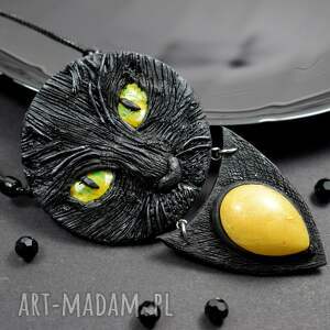 kameleon duży wisior czarny kot, wisiorek kot naszyjnik z kotem