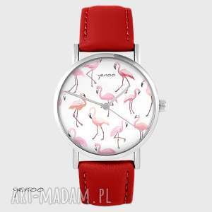 ręcznie wykonane zegarki zegarek - flamingi czerwony, skórzany