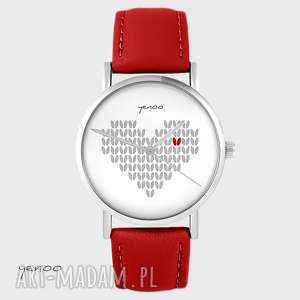 ręcznie robione zegarki zegarek - serce dziergane, szare - czerwony, skórzany