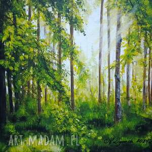 Obraz ręcznie malowany akrylowy „Odrzewionym przesmykiem” 24x30 cm - pejzaż lasu